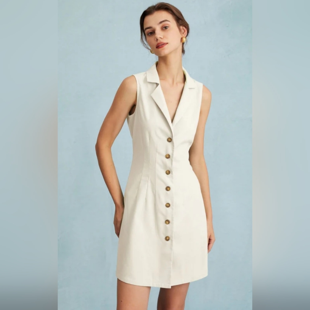 RIHOAS Cream Sleeveless Button Mini Dress